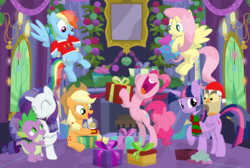 Size: 3561x2389 | Tagged: safe, artist:porygon2z, applejack, fluttershy, owlowiscious, pinkie pie, rainbow dash, rarity, spike, twilight sparkle, alicorn, dragon, pony, g4, christmas, clothes, female, fireplace, flying, hat, high res, holiday, male, mane seven, mane six, nose in the air, present, santa hat, scarf, ship:sparity, shipping, snow globe, straight, twilight sparkle (alicorn)