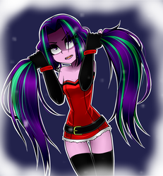 Size: 1200x1300 | Tagged: safe, artist:nekojackun, aria blaze, equestria girls, g4, aria flat, christmas, clothes, costume, delicious flat chest, dress, evening gloves, eyeshadow, female, fingerless elbow gloves, fingerless gloves, gloves, holiday, long gloves, long hair, makeup, open mouth, santa costume, socks, solo, stockings, strapless, thigh highs