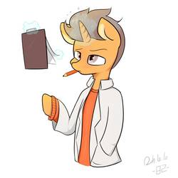 Size: 1280x1280 | Tagged: safe, artist:pinkieeighttwo, oc, oc only, pony, unicorn, clipboard, clothes, lab coat, magic, male, solo, stallion, sweater