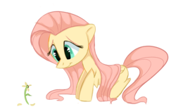 Size: 1452x898 | Tagged: safe, artist:chroniqlo, fluttershy, pegasus, pony, g4, female, flower, folded wings, looking at something, looking down, mare, simple background, smiling, solo, white background