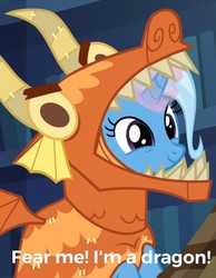 Size: 465x600 | Tagged: safe, edit, edited screencap, screencap, trixie, pony, unicorn, g4, uncommon bond, 2spooky, clothes, costume, cropped, cute, diatrixes, dragon costume, female, glowing horn, horn, mare, smiling, solo, text