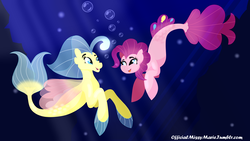 Size: 6400x3600 | Tagged: safe, artist:officialmissymarie, pinkie pie, princess skystar, seapony (g4), g4, my little pony: the movie, absurd resolution, bubble, cute, digital art, dorsal fin, duo, female, fin, fin wings, fins, fish tail, flowing mane, flowing tail, lesbian, looking at each other, looking at someone, ocean, seaponified, seapony pinkie pie, ship:skypie, shipping, smiling, smiling at each other, species swap, swimming, tail, underwater, water, wings