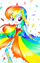 Size: 2120x3340 | Tagged: safe, artist:liaaqila, rainbow dash, equestria girls, g4, clothes, dress, female, gala dress, high res, multicolored hair, rainbow dash always dresses in style, smiling, solo, traditional art