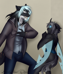 Size: 1764x2089 | Tagged: safe, artist:blackblood-queen, oc, oc only, oc:imago, oc:mako, changeling, orca pony, original species, anthro, anthro oc, changeling oc, clothes, crying, curved horn, floppy ears, horn, intimidating, looking at each other, scared, snarling, story in the source