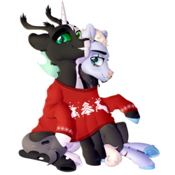 Size: 3000x3000 | Tagged: safe, artist:meowcephei, oc, oc only, oc:hamartia, oc:tounicoon, 2018 community collab, derpibooru community collaboration, clothes, duo, high res, male, shared clothing, simple background, sweater, transparent background