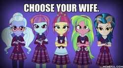 Size: 600x337 | Tagged: safe, edit, edited screencap, screencap, indigo zap, lemon zest, sour sweet, sugarcoat, sunny flare, human, equestria girls, g4, my little pony equestria girls: friendship games, choose your wife, clothes, crossed arms, crystal prep academy uniform, crystal prep shadowbolts, female, freckles, glasses, goggles, headphones, image macro, leggings, meme, memeful.com, pigtails, plaid skirt, pleated skirt, ponytail, school uniform, shadow five, shadowbolt comments, skirt, teenager, twintails