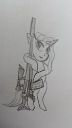 Size: 2322x4128 | Tagged: safe, artist:aegis exemplar, oc, oc only, oc:silken strand, pony, unicorn, bipedal, black and white, female, grayscale, gun, hooves, horn, mare, monochrome, optical sight, rifle, simple background, sniper rifle, solo, traditional art, weapon, white background