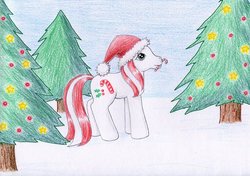 Size: 1024x722 | Tagged: safe, artist:normaleeinsane, candy cane (g3), earth pony, pony, g3, 2017, christmas, christmas tree, female, hat, holiday, mare, mouth hold, santa hat, snow, traditional art, tree