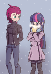 Size: 639x917 | Tagged: safe, artist:patty-plmh, fizzlepop berrytwist, tempest shadow, twilight sparkle, human, g4, my little pony: the movie, blue hair, blushing, clothes, coat, duo, female, gloves, hand in pocket, humanized, light skin, long hair, multicolored hair, outdoors, pantyhose, pink hair, purple hair, scarf, short hair, skirt, smiling, snow, snowfall, winter