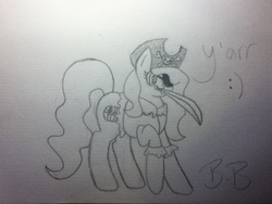 Size: 960x720 | Tagged: safe, artist:breelikespink, oc, oc only, pony, cutie mark, eyepatch, female, hat, jolly roger, monochrome, mouth hold, pencil drawing, pirate, pirate hat, solo, sword, traditional art, treasure chest, weapon