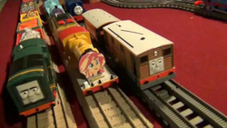 Size: 1280x720 | Tagged: safe, artist:trainboy54, sunset shimmer, twilight sparkle, g4, charlie (thomas the tank engine), cute, female, irl, offscreen character, paxton, photo, shimmerbetes, thomas the tank engine, toby the tram engine, tomy/trackmaster, toy, train