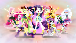 Size: 1600x900 | Tagged: safe, artist:limedazzle, artist:sailortrekkie92, edit, applejack, fluttershy, lemon zest, pinkie pie, rainbow dash, rarity, sci-twi, sour sweet, sugarcoat, sunny flare, sunset shimmer, twilight sparkle, equestria girls, equestria girls specials, g4, my little pony equestria girls: dance magic, clothes, converse, crystal prep shadowbolts, dress, group shot, high heels, humane five, humane seven, humane six, jeans, pants, pose, shoes, stockings, thigh highs, vector, wallpaper, wallpaper edit