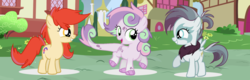 Size: 1024x328 | Tagged: safe, artist:marielle5breda, oc, oc only, oc:candymaker, oc:feather, oc:swirl, dracony, hippogriff, hybrid, female, filly, interspecies offspring, magical lesbian spawn, offspring, parent:apple bloom, parent:gabby, parent:scootaloo, parent:spike, parent:sweetie belle, parent:twist, parents:gabbyloo, parents:spikebelle, parents:twistbloom