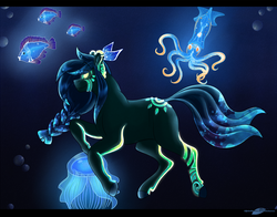 Size: 1194x935 | Tagged: safe, artist:bijutsuyoukai, oc, oc only, oc:neptune, earth pony, fish, jellyfish, pony, squid, animal, bioluminescent, blue mane, blue tail, bubble, crepuscular rays, digital art, female, flowing mane, flowing tail, ocean, smiling, solo, sunlight, swimming, tail, underwater, water