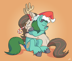 Size: 7600x6400 | Tagged: safe, artist:docwario, oc, oc only, oc:autumn bramble, oc:tempus fidgets, pony, absurd resolution, antlers, brother and sister, candy, candy cane, christmas, duo, female, food, holiday, hug, male, simple background, sitting