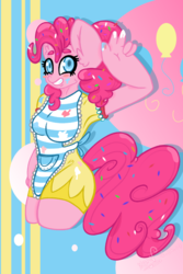 Size: 664x996 | Tagged: safe, artist:x3nv, pinkie pie, earth pony, anthro, g4, apron, blushing, clothes, confetti, confetti in mane, dress, female, food, frosting, hoof hands, solo