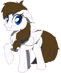 Size: 1500x1800 | Tagged: safe, artist:bigshot232, derpibooru exclusive, oc, oc only, oc:blue skies, pegasus, pony, 2018 community collab, derpibooru community collaboration, cheek fluff, chest fluff, ear fluff, female, floppy ears, grin, mare, nervous, nervous grin, raised hoof, simple background, smiling, solo, transparent background, uncertain