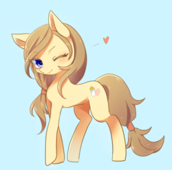 Size: 1200x1186 | Tagged: safe, artist:kkmrarar, oc, oc only, oc:cream heart, pony, blue background, button's mom has got it going on, female, heart, looking at you, mare, one eye closed, simple background, smiling, solo, wink