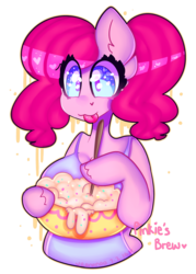 Size: 2500x3500 | Tagged: safe, artist:bunxl, pinkie pie, earth pony, anthro, g4, :3, arm hooves, baking, batter, big breasts, breasts, cake batter, female, high res, simple background, solo, tongue out, transparent background