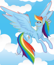 Size: 663x795 | Tagged: safe, artist:x3nv, rainbow dash, pony, g4, cloud, female, flying, mare, solo, spread wings, wings