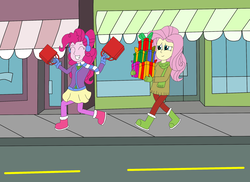 Size: 2337x1700 | Tagged: safe, artist:equestriaguy637, fluttershy, pinkie pie, equestria girls, g4, bag, boots, building, canterlot city, carrying, christmas, christmas shopping, clothes, earmuffs, eyes closed, eyes screwed straight, female, gift wrapped, gloves, grin, hearth's warming, holiday, hopping, pantyhose, pavement, present, road, scarf, shoes, shopping, skipping, skirt, smiling, street, walking, winter, winter outfit, yellow lines