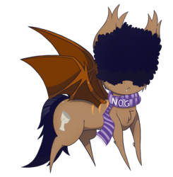 Size: 1889x1929 | Tagged: safe, artist:dragonpone, derpibooru exclusive, oc, oc only, oc:chug, bat pony, pony, 2018 community collab, derpibooru community collaboration, afro, bat pony oc, cheek fluff, chest fluff, clothes, ear fluff, fangs, hair over eyes, male, pointy ponies, ponysona, scarf, simple background, solo, spread wings, stallion, transparent background, wings