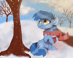 Size: 2500x2000 | Tagged: safe, artist:veesocks, oc, oc only, oc:blueberry, earth pony, pony, bare tree, chocolate, clothes, food, high res, hot chocolate, scarf, solo, tree, winter