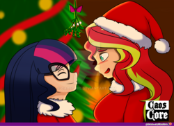 Size: 1024x746 | Tagged: safe, artist:caoscore, sci-twi, sunset shimmer, twilight sparkle, equestria girls, g4, blushing, breasts, busty sunset shimmer, christmas, christmas tree, clothes, costume, cute, deviantart watermark, eyes closed, female, hat, height difference, holiday, human coloration, imminent kissing, lesbian, mistletoe, obtrusive watermark, patreon, patreon logo, santa costume, santa hat, shimmerbetes, ship:sci-twishimmer, ship:sunsetsparkle, shipping, tree, twiabetes, watermark