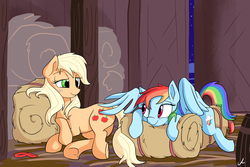 Size: 8400x5600 | Tagged: safe, artist:docwario, applejack, rainbow dash, earth pony, pegasus, pony, g4, absurd resolution, barn, butt touch, commission, feathermarking, female, hay bale, lesbian, looking at each other, loose hair, mare, never doubt tchernobog's involvement, prone, ship:appledash, shipping, smiling