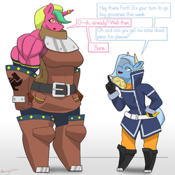 Size: 2200x2200 | Tagged: safe, artist:mopyr, oc, oc only, oc:fort, oc:moosin, anthro, boots, clothes, dialogue, gloves, high res, jacket, muscles, shoes, size difference, stockings, thigh highs