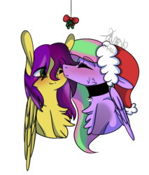 Size: 1579x1851 | Tagged: safe, artist:sweetmelon556, oc, oc only, oc:cyan stencil, oc:sweet melon, pegasus, pony, chest fluff, collar, female, holly, holly mistaken for mistletoe, kissing, mare, simple background, transparent background