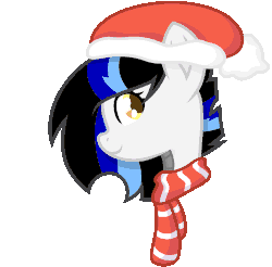 Size: 1282x1262 | Tagged: safe, artist:ponponvector, oc, oc only, oc:black tempest, pony, animated, blinking, bust, christmas, clothes, female, gif, hat, heart, holiday, mare, portrait, santa hat, scarf, simple background, solo, transparent background