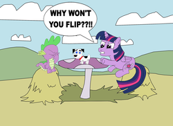 Size: 2337x1700 | Tagged: safe, artist:equestriaguy637, spike, twilight sparkle, alicorn, dragon, pony, g4, angry, cloud, crossover, dialogue, facepalm, female, flipsie, folded wings, hay, male, mare, mushroom table, silly, silly pony, sitting, speech bubble, table, the fairly oddparents, toy, twilight sparkle (alicorn), voice actor joke