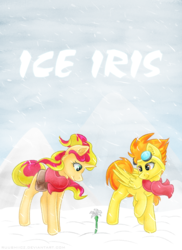 Size: 1446x1984 | Tagged: safe, artist:ruushiicz, spitfire, sunset shimmer, pegasus, pony, unicorn, fanfic:ice iris, g4, clothes, cover art, duo, fanfic, fanfic art, female, flower, ice iris, mare, scarf, sisters, snow