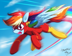 Size: 4000x3100 | Tagged: safe, artist:danmakuman, rainbow dash, pegasus, pony, g4, clothes, commission, cosplay, costume, dc comics, female, flying, high res, mare, open mouth, signature, solo, the flash