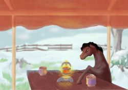 Size: 2492x1755 | Tagged: safe, artist:lase-x, pony, chocolate, cottagecore, food, hot chocolate, male, outdoors, painted background, secret santa, solo, winter
