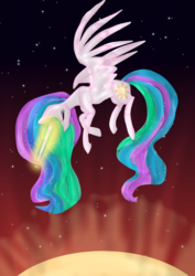 Size: 2894x4093 | Tagged: safe, artist:nn-op6666, princess celestia, alicorn, pony, g4, female, glowing horn, horn, mare, solo, space, spread wings, sun, wings