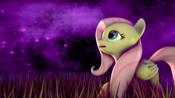 Size: 1920x1080 | Tagged: safe, artist:firesparky, fluttershy, pegasus, pony, g4, 3d, amazed, beautiful, cute, female, folded wings, grass, looking up, mare, night, open mouth, shyabetes, solo, space, stargazing, starry night