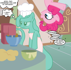 Size: 2512x2462 | Tagged: oc name needed, safe, artist:badumsquish, derpibooru exclusive, pinkie pie, oc, earth pony, goo pony, hybrid, lamia, original species, pony, slimia, g4, apron, baking, bowl, chef's hat, clothes, cookie dough, cute, defeated, diapinkes, dough, duo, female, frown, glare, hat, high res, i have a little dreidel, kitchen, mare, mixer, music notes, open mouth, pinkie being pinkie, show accurate, singing, smiling, speech bubble, sugarcube corner, thinking, thought bubble, unamused, upside down
