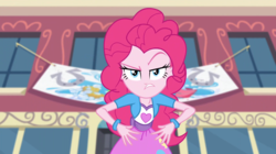 Size: 1912x1072 | Tagged: safe, edit, edited screencap, screencap, pinkie pie, equestria girls, equestria girls specials, g4, my little pony equestria girls: dance magic, banner, female, inverted mouth, raised eyebrow, solo