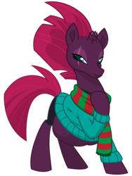 Size: 7200x9600 | Tagged: safe, artist:xniclord789x, fizzlepop berrytwist, tempest shadow, pony, unicorn, g4, my little pony: the movie, absurd resolution, belly, big belly, clothes, cute, eye scar, female, looking at you, pregest shadow, pregnant, scar, scarf, simple background, smiling, solo, sweater, tempestbetes, transparent background