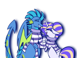 Size: 1024x768 | Tagged: safe, artist:xsketchii-draws, oc, oc only, oc:azure blaze, oc:cross-stitch clarity, dragon, pony, unicorn, christmas sweater, clothes, female, interspecies offspring, magical lesbian spawn, male, oc x oc, offspring, offspring shipping, parent:applejack, parent:princess ember, parent:rarity, parent:spike, parents:emberspike, parents:rarijack, shipping, simple background, straight, sweater, transparent background