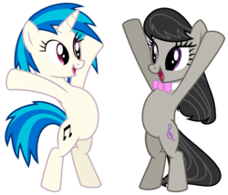 Size: 4100x3516 | Tagged: safe, artist:namelesshero2222, dj pon-3, octavia melody, vinyl scratch, earth pony, pony, unicorn, g4, putting your hoof down, .svg available, bipedal, female, high res, incoming hug, mare, simple background, transparent background, vector