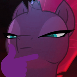 Size: 983x983 | Tagged: safe, edit, edited screencap, screencap, tempest shadow, pony, unicorn, g4, my little pony: the movie, broken horn, bust, close-up, emoji, eye scar, female, frown, hand, horn, lidded eyes, mare, portrait, scar, solo, thinking, 🤔