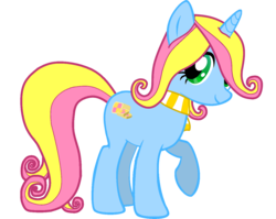 Size: 1280x1020 | Tagged: safe, oc, oc only, oc:battenberg, pony, unicorn, 2018 community collab, derpibooru community collaboration, battenberg, cake, clothes, cute, female, food, green eyes, scarf, show accurate, simple background, solo, transparent background, two toned mane, two toned tail