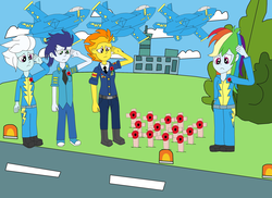 Size: 2337x1700 | Tagged: safe, artist:equestriaguy637, fleetfoot, rainbow dash, soarin', spitfire, equestria girls, g4, 1000 hours in ms paint, boots, clothes, cloud, control tower, cross, death, equestria girls-ified, f/a-18 hornet, flying, grass, jet, jet fighter, necktie, outfit, plane, poppy, poppy pin, remeberance day, remembrance cross, runway, runway lights, sad, salute, shoes, uniform, veterans day, wonderbolts, wonderbolts uniform