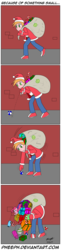 Size: 728x2982 | Tagged: safe, artist:pheeph, big macintosh, pinkie pie, equestria girls, g4, ball, candy, candy cane, christmas, clothes, comic, costume, cutie mark, fail, food, hat, holiday, old master q, parody, party cannon, plushie, present, sack, santa costume, santa hat, santa sack, scepter, twilight scepter