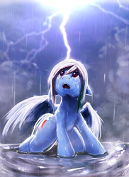 Size: 1300x1782 | Tagged: safe, artist:moondreamer16, rainbow dash, pegasus, pony, g4, female, lightning, looking up, mare, open mouth, rain, solo, spread wings, wet mane, wings