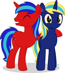Size: 1888x2110 | Tagged: safe, artist:arifproject, oc, oc only, oc:octavian fall, oc:sparkling star, pony, unicorn, 2018 community collab, derpibooru community collaboration, duo, looking at you, side hug, simple background, smiling, standing, transparent background, vector