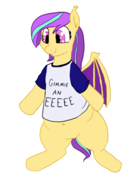 Size: 1200x1500 | Tagged: safe, artist:tacodeltaco, derpibooru exclusive, oc, oc only, oc:star shower, bat pony, pony, 2018 community collab, derpibooru community collaboration, bat pony oc, chubby, clothes, eeee, fangs, female, mare, shirt, simple background, solo, standing, transparent background